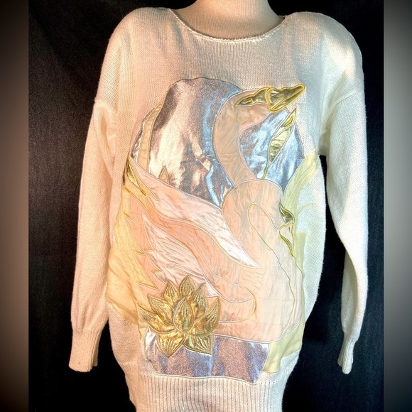 Vintage 80’s I. B. Diffusion ramie silk swan dove. Gold & silver lame. E134 - Picture 1 of 6